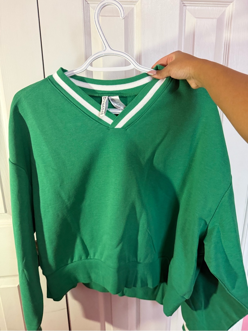 H&M Green V-Neck Sweater with White Trim